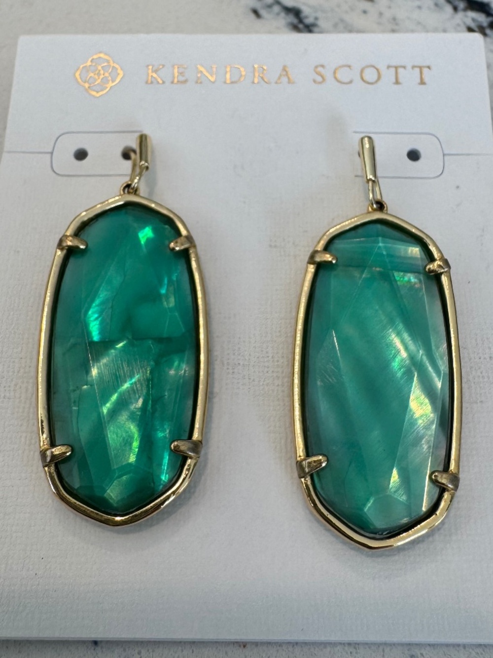 Kendra Scott Faceted Elle Jade Green Drop Earrings Gold Tone NWOT